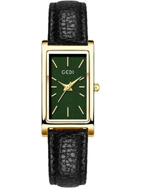 Women's Black Green Rectangle Leather Strap Quartz Bangle Vintage Watch
